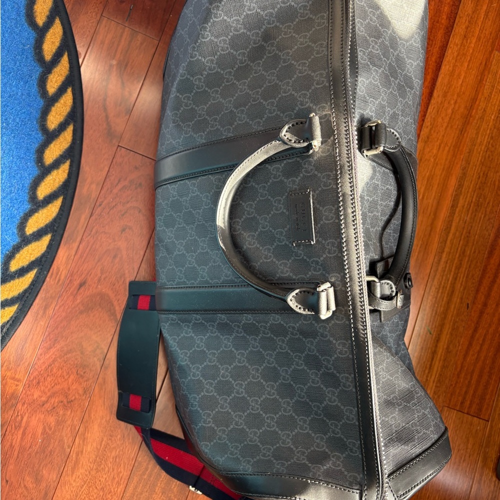 Gucci Black and Gray Duffel Bag with Monogram Pattern and Silver Hardware
